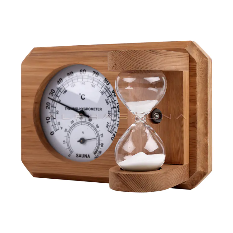 Luxury sauna accessories, hygrometer and hourglass integration