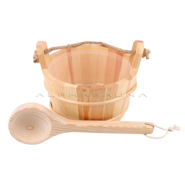 Wooden sauna shower bucket and wooden spoon