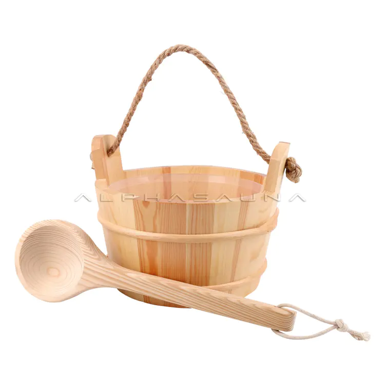Wooden sauna shower bucket and wooden spoon