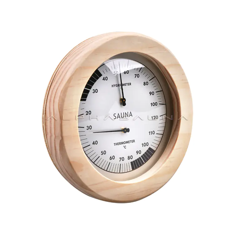 Wooden round thermometer and hygrometer with white dial
