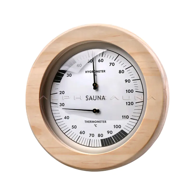 Wooden round thermometer and hygrometer with white dial