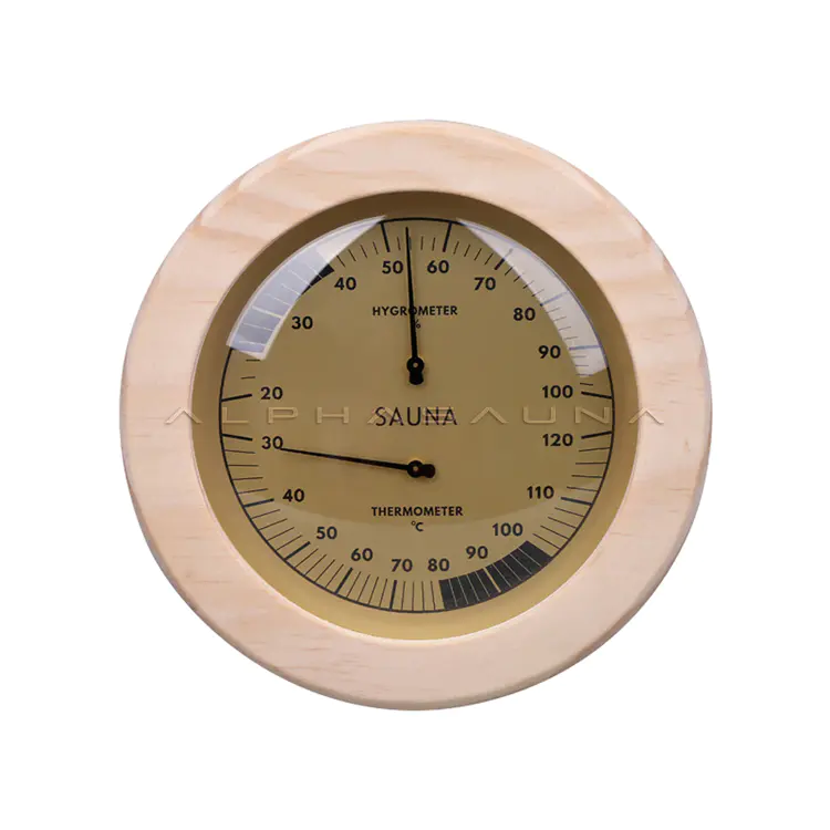 Wooden round thermometer and hygrometer with golden dial
