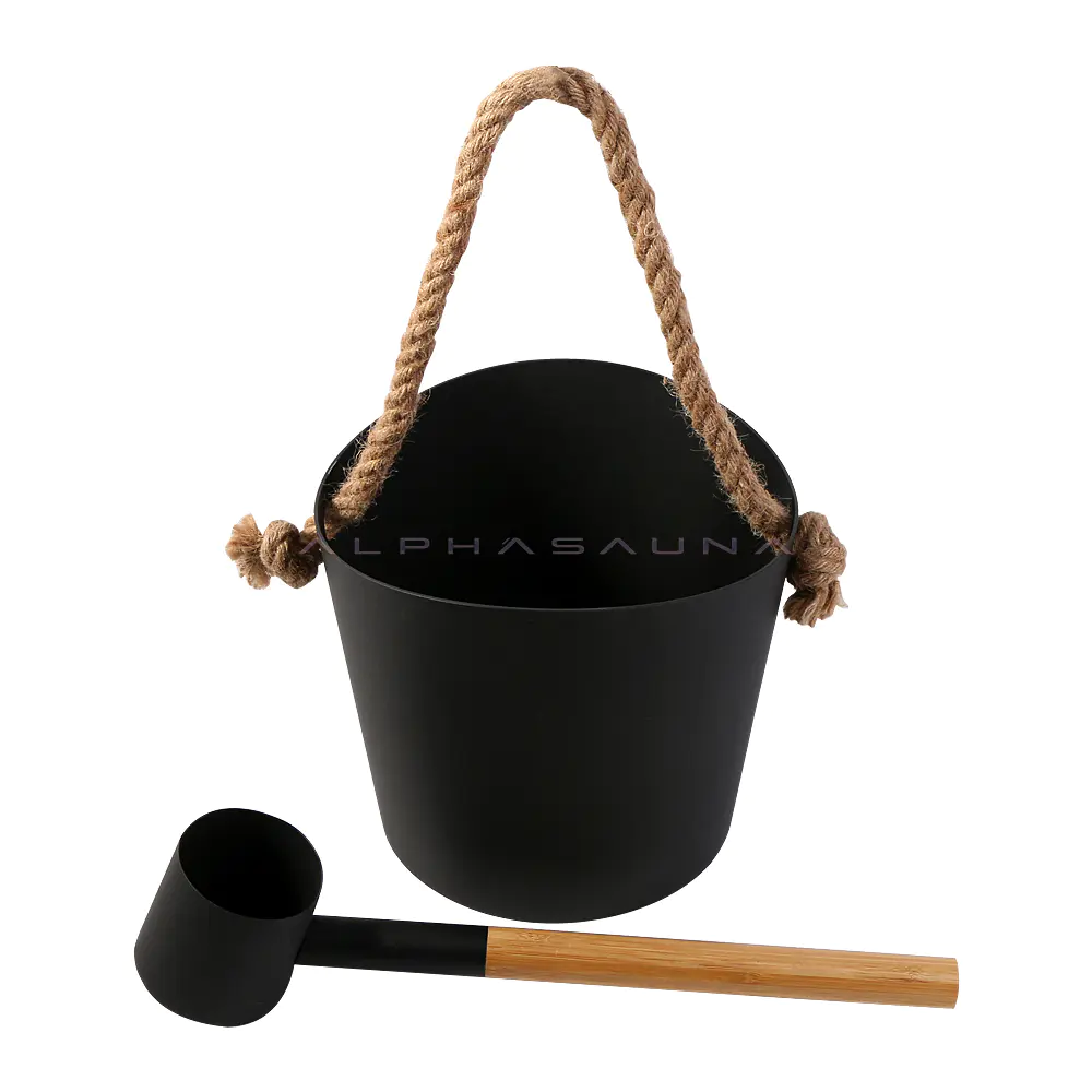 Alphasauna aluminum sauna bucket and spoon with black wooden handle