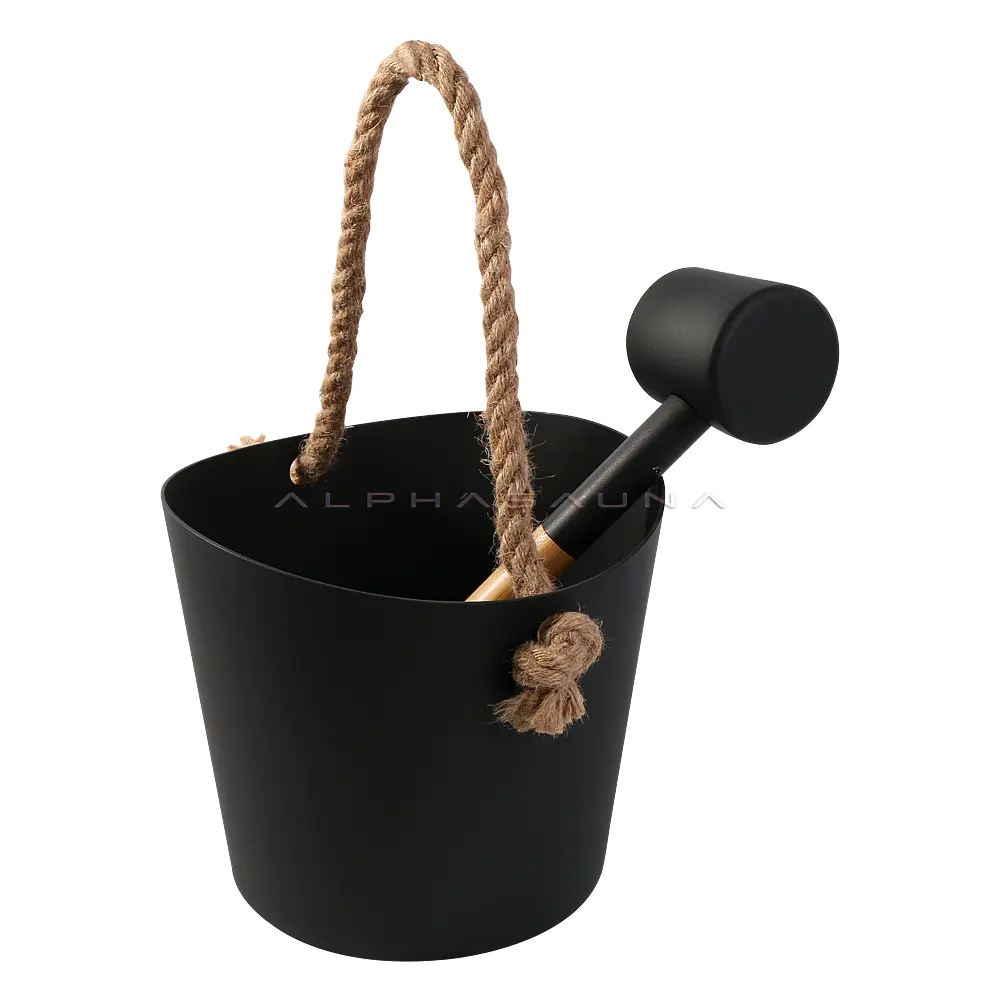 Alphasauna aluminum sauna bucket and spoon with black wooden handle