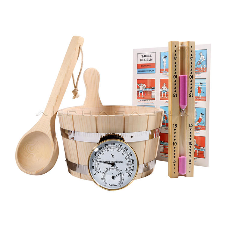 Pine 4L Sauna Bucket, Sauna Hourglass Timer, Sauna Spoon Golden, Sauna Thermometer & Hygrometer
