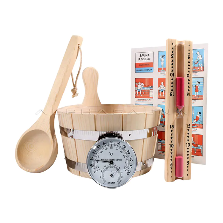 Pine 4L Sauna Bucket, Sauna Hourglass Timer, Sauna Spoon Golden, Sauna Thermometer & Hygrometer