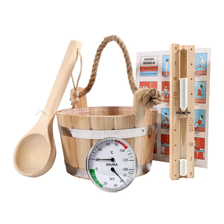 Pine wood carrying rope 4L sauna bucket ,Sauna hourglass timer ,Sauna spoon ,Sauna thermometer & hygrometer