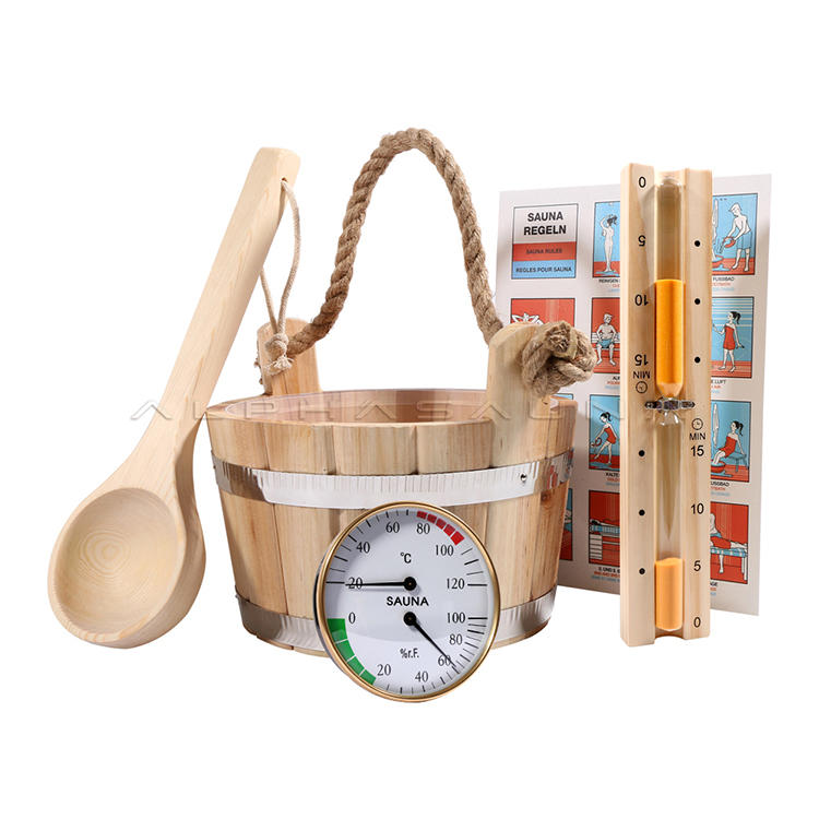 Pine wood carrying rope 4L sauna bucket ,Sauna hourglass timer ,Sauna spoon ,Sauna thermometer & hygrometer