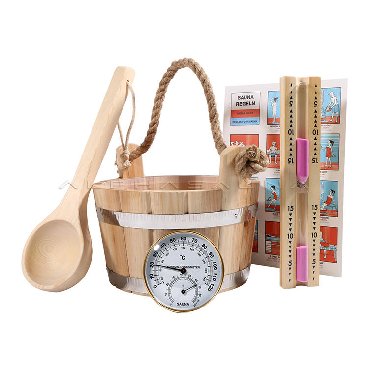 4L Sauna Bucket with Pine Cord, Sauna Hourglass Timer, Sauna Spoon, Golden Sauna Thermometer & Hygrometer