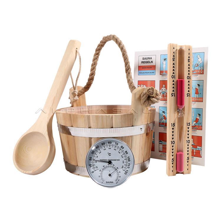 4L Sauna Bucket with Pine Cord, Sauna Hourglass Timer, Sauna Spoon, Golden Sauna Thermometer & Hygrometer