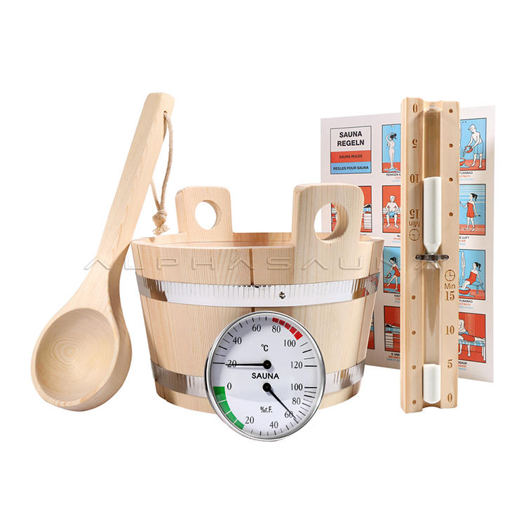 Pine Wood Binaural 4L ,Sauna Bucket ,Sauna Hourglass Timer, Sauna Spoon ,Sauna Thermometer & Hygrometer