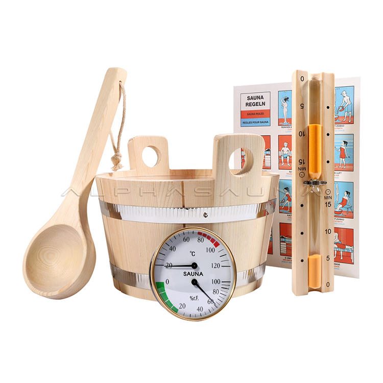 Pine Wood Binaural 4L ,Sauna Bucket ,Sauna Hourglass Timer, Sauna Spoon ,Sauna Thermometer & Hygrometer
