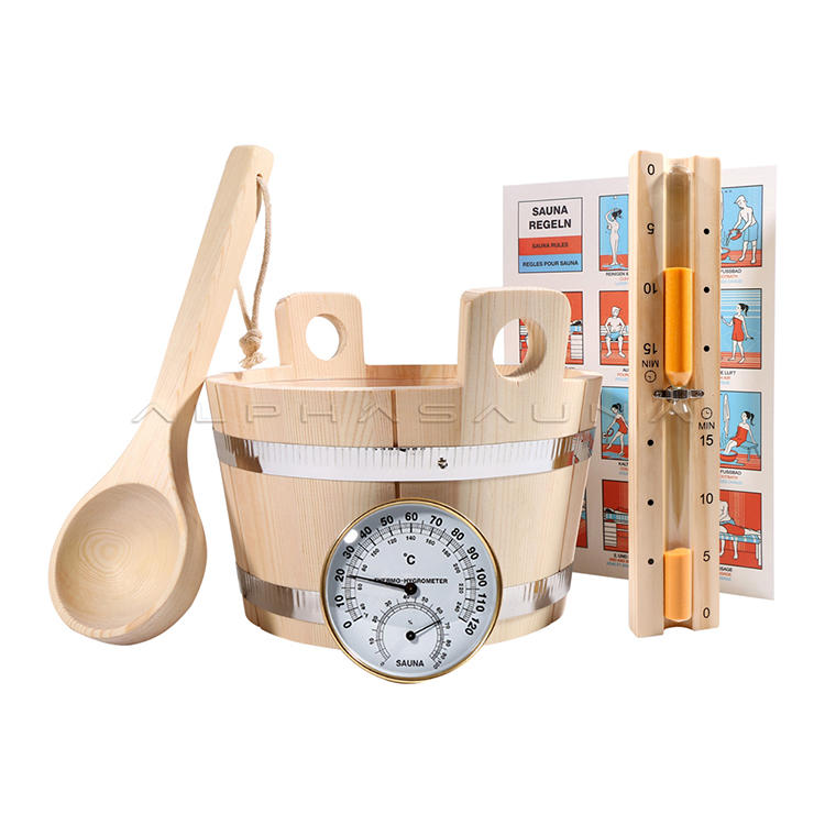Pine Wood Binaural 4L Sauna Bucket, Sauna Hourglass Timer, Sauna Spoon ,Golden Sauna Thermometer & Hygrometer