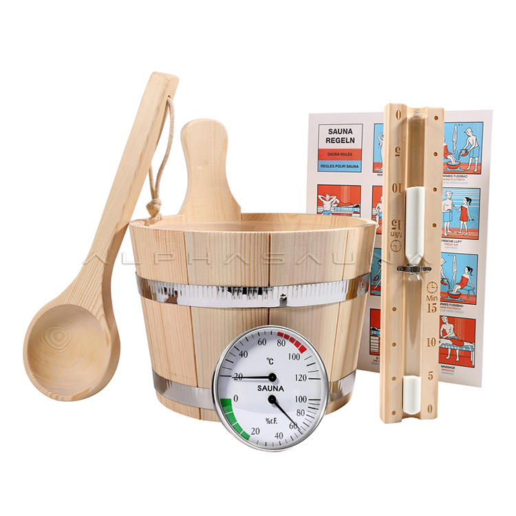 Pine Sauna Accessory Kit 5L Handle Sauna Bucket, Sauna Hourglass Timer, Sauna Spoon, Sauna Thermometer & Hygrometer