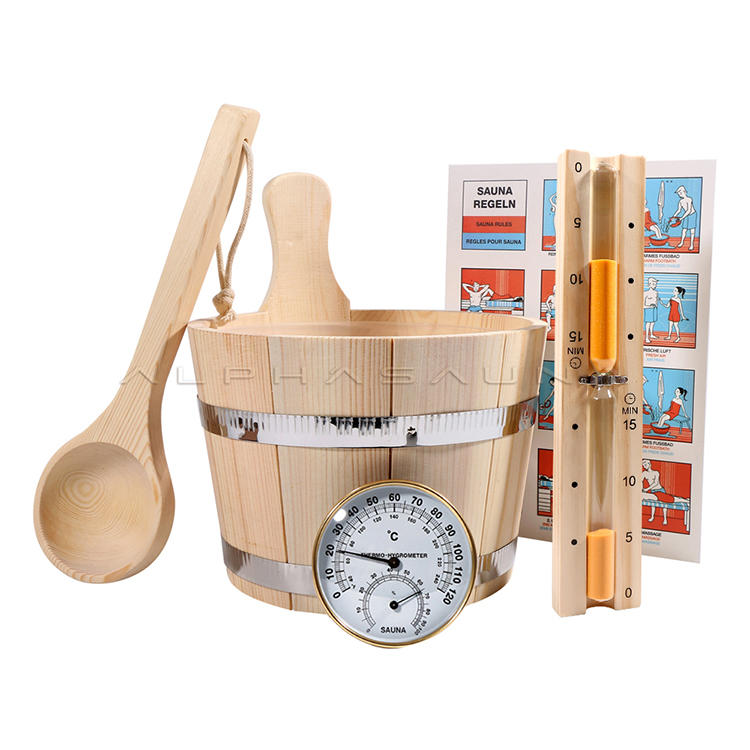 Pine Sauna Accessory Kit 5L Handle, Sauna Bucket ,Sauna Hourglass Timer, Sauna Spoon Golden, Sauna Thermometer & Hygrometer