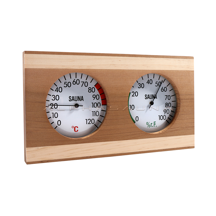 Square Sauna Thermometer & Hygrometer Dual Dial with Red Blue Pine Edge