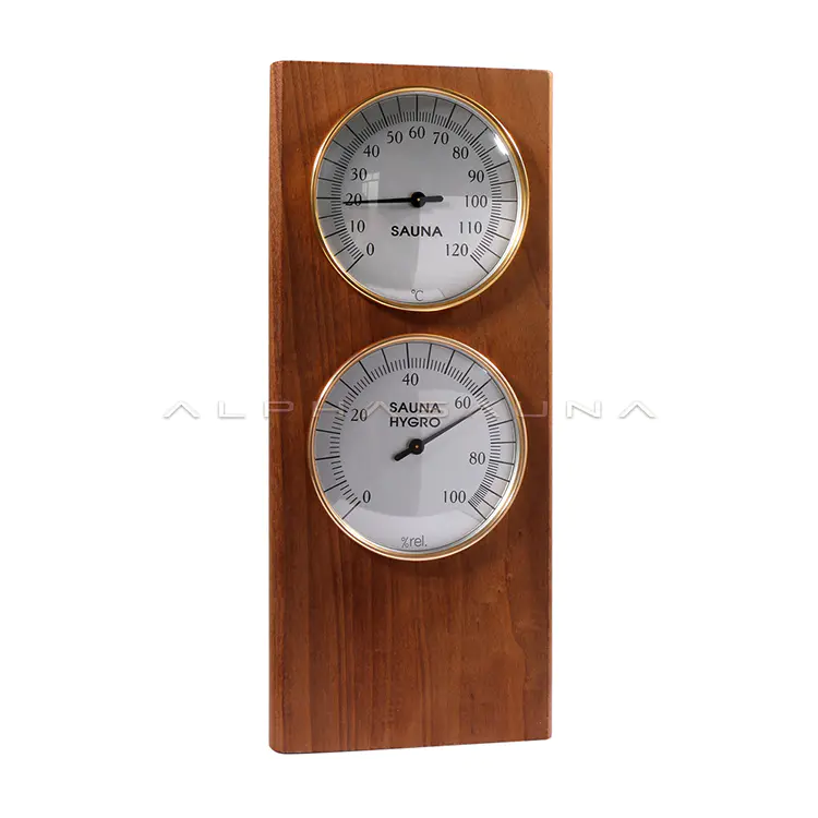 Heat Treated Wood Gold Edge Double Dial Sauna Thermometer & Hygrometer