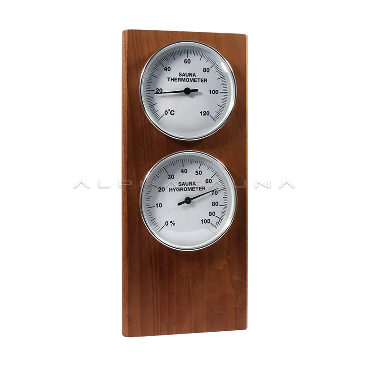 Heat Treated Wood White Edge Double Dial Sauna Thermometer & Hygrometer