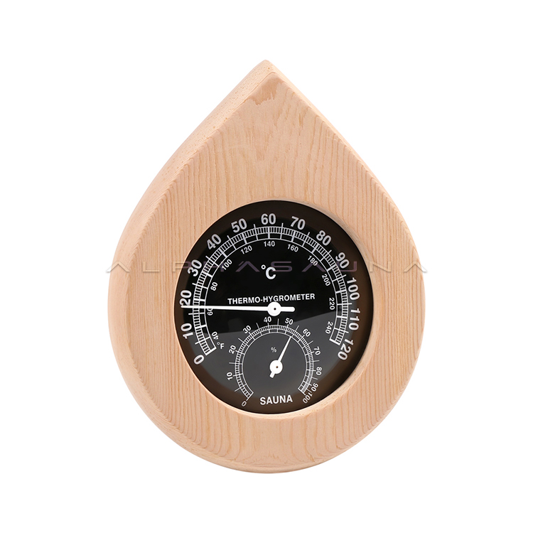 Water Drop Black Dial Pine Sauna Thermometer & Hygrometer
