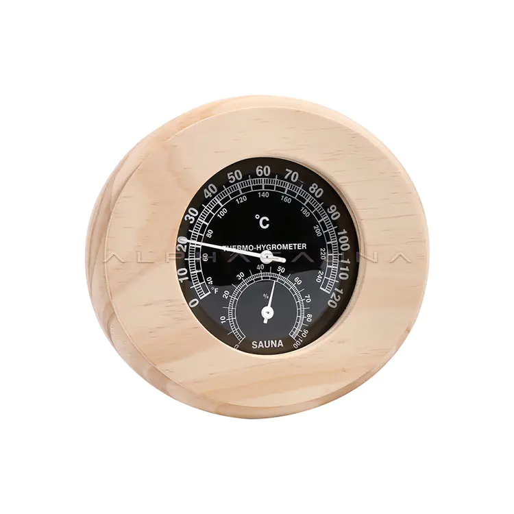 Pine Round Black Single Dial Sauna Thermometer & Hygrometer