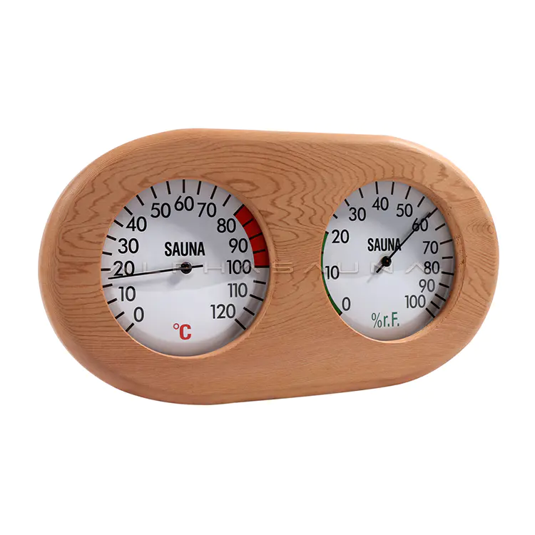 Cedar Oval Double Dial (Red Mark) Sauna Thermometer & Hygrometer