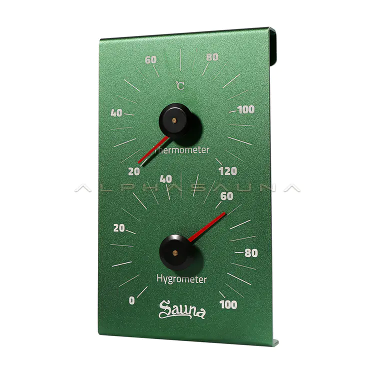 Dark green aluminum sauna thermometer & hygrometer (black and red hands, silver and white hands)
