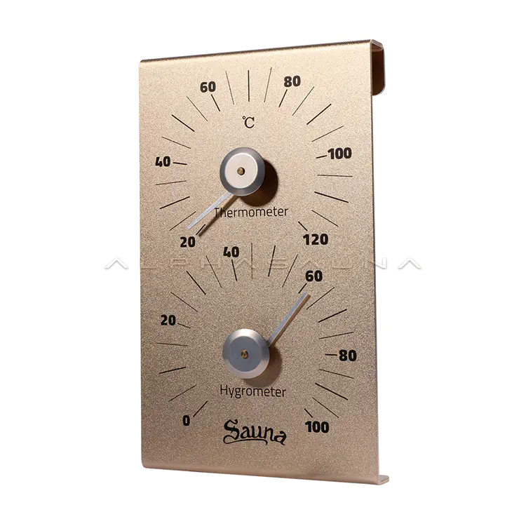 Light Brown Aluminum Sauna Thermometer & Hygrometer (Black & Red Hands, Silver & White Hands)