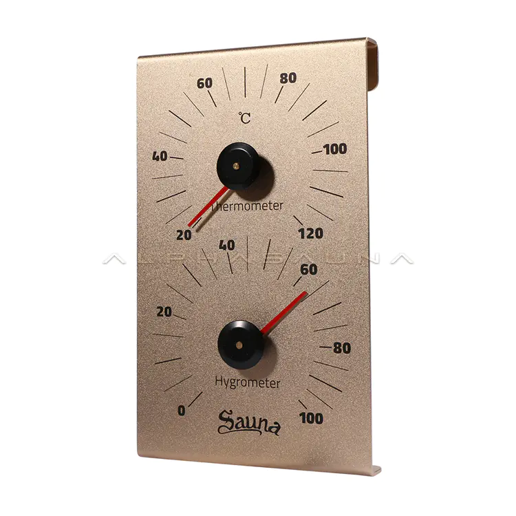 Light Brown Aluminum Sauna Thermometer & Hygrometer (Black & Red Hands, Silver & White Hands)