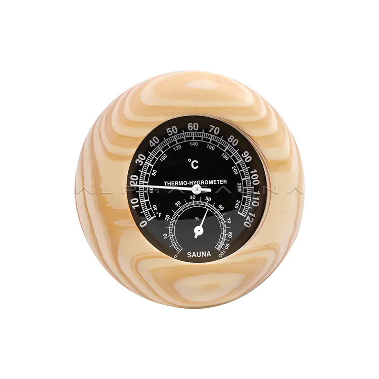 Pine Round Black Dial Sauna Thermometer & Hygrometer