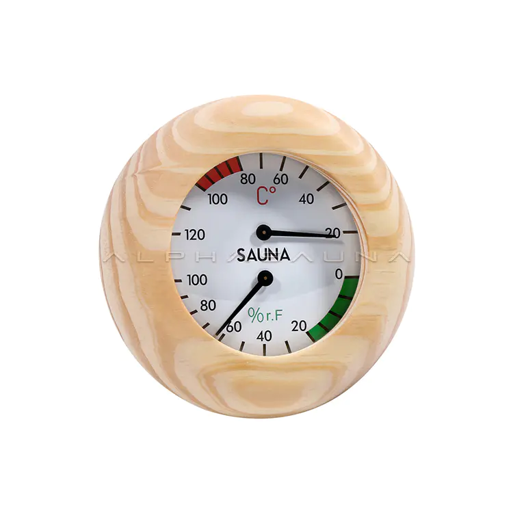 Pine Wood Round White Dial (Red & Blue Label) Sauna Thermometer & Hygrometer