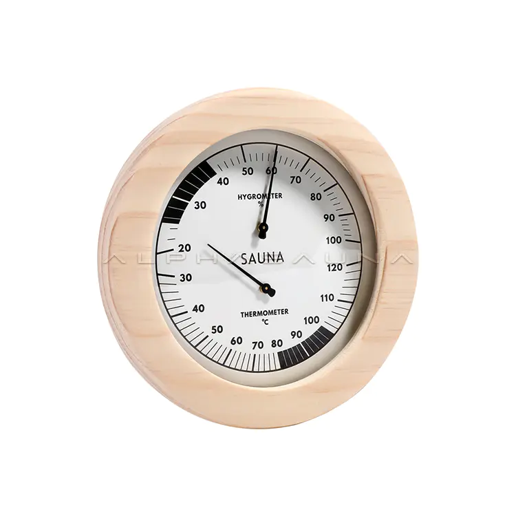 Pine Wood Round Black Label Sauna Thermometer & Hygrometer