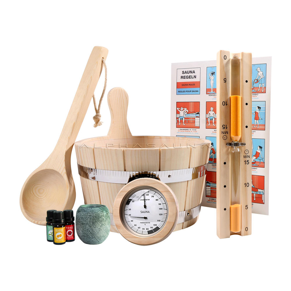 Home Luxury Sauna Accessories Wooden Best Sauna 4L Bucket  With PE Plastic And Ladle,Hermometer &Hygrometer , Hourglass Timer ,   Sauna Egg , Aromatherapy Oil