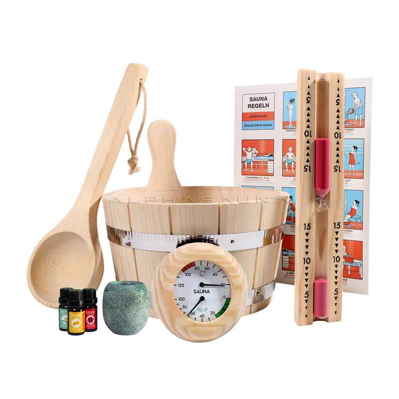 Luxury Sauna Accessories Wooden Best Sauna 4L Bucket  With PE Plastic And Ladle,Hermometer &Hygrometer , Hourglass Timer ,   Sauna Egg , Aromatherapy Oil