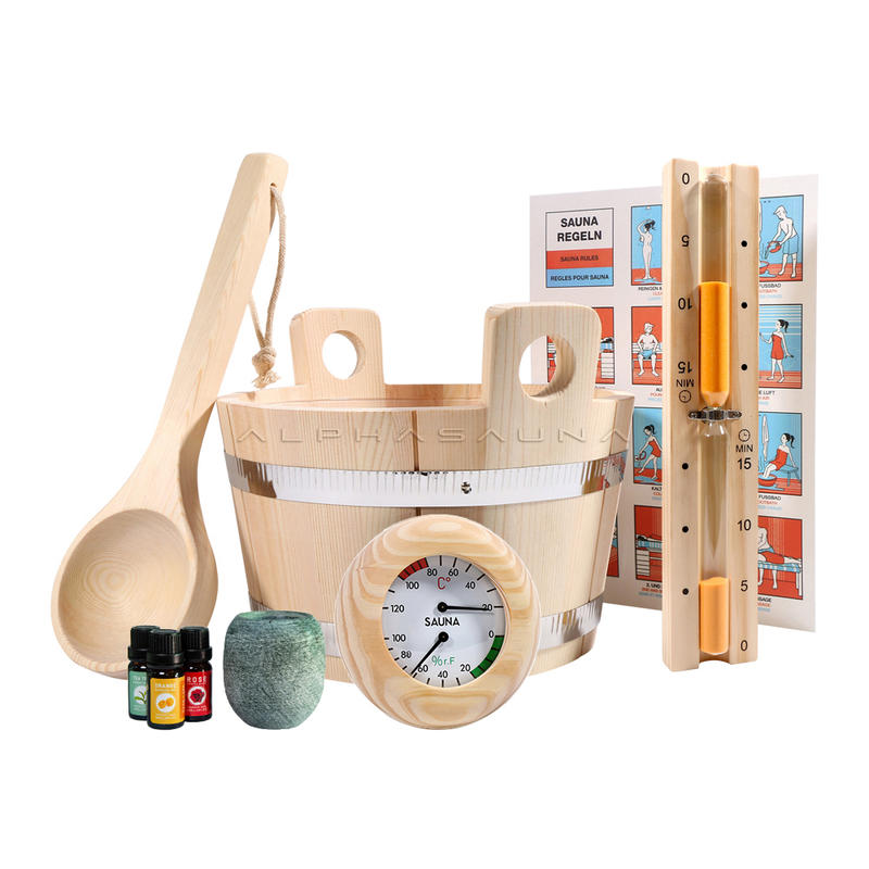 Sauna Room Outdoor Luxury Accessories Kit 5L Bucket Shower With PE Plastic And Ladle,Hermometer &Hygrometer , Hourglass Timer, Sauna Egg , Aromatherapy Oil