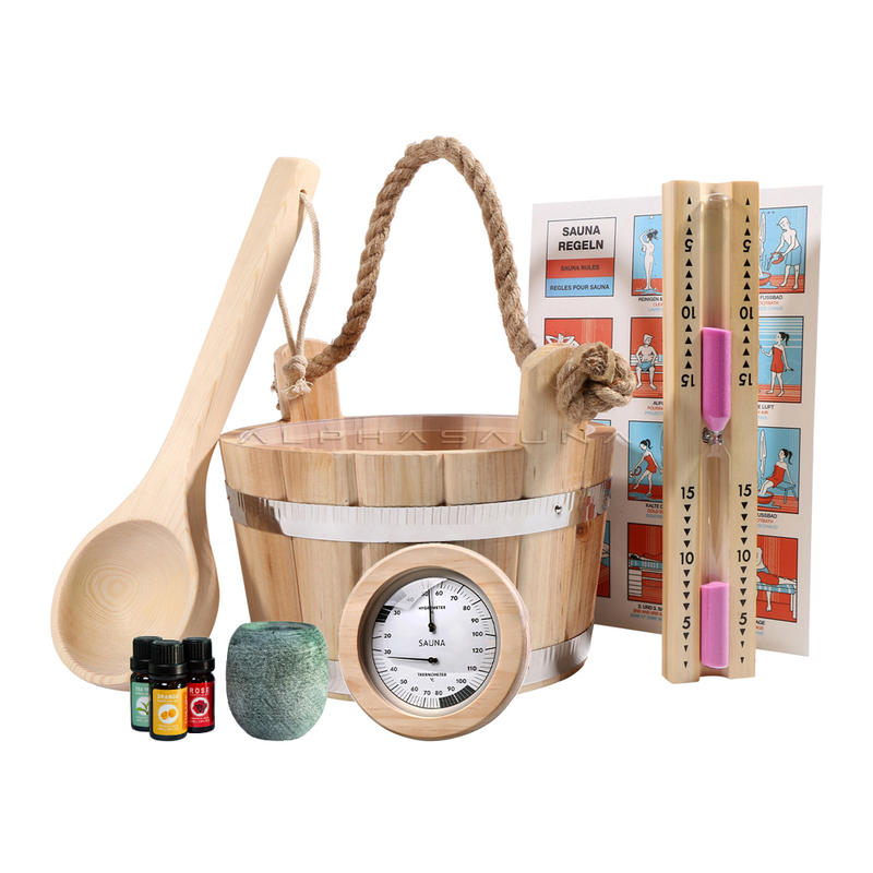 Sauna Outdoor Luxury Accessories Kit 4L Bucket Shower With PE Plastic And Ladle,Hermometer &Hygrometer , Hourglass Timer, Sauna Egg , Aromatherapy Oil