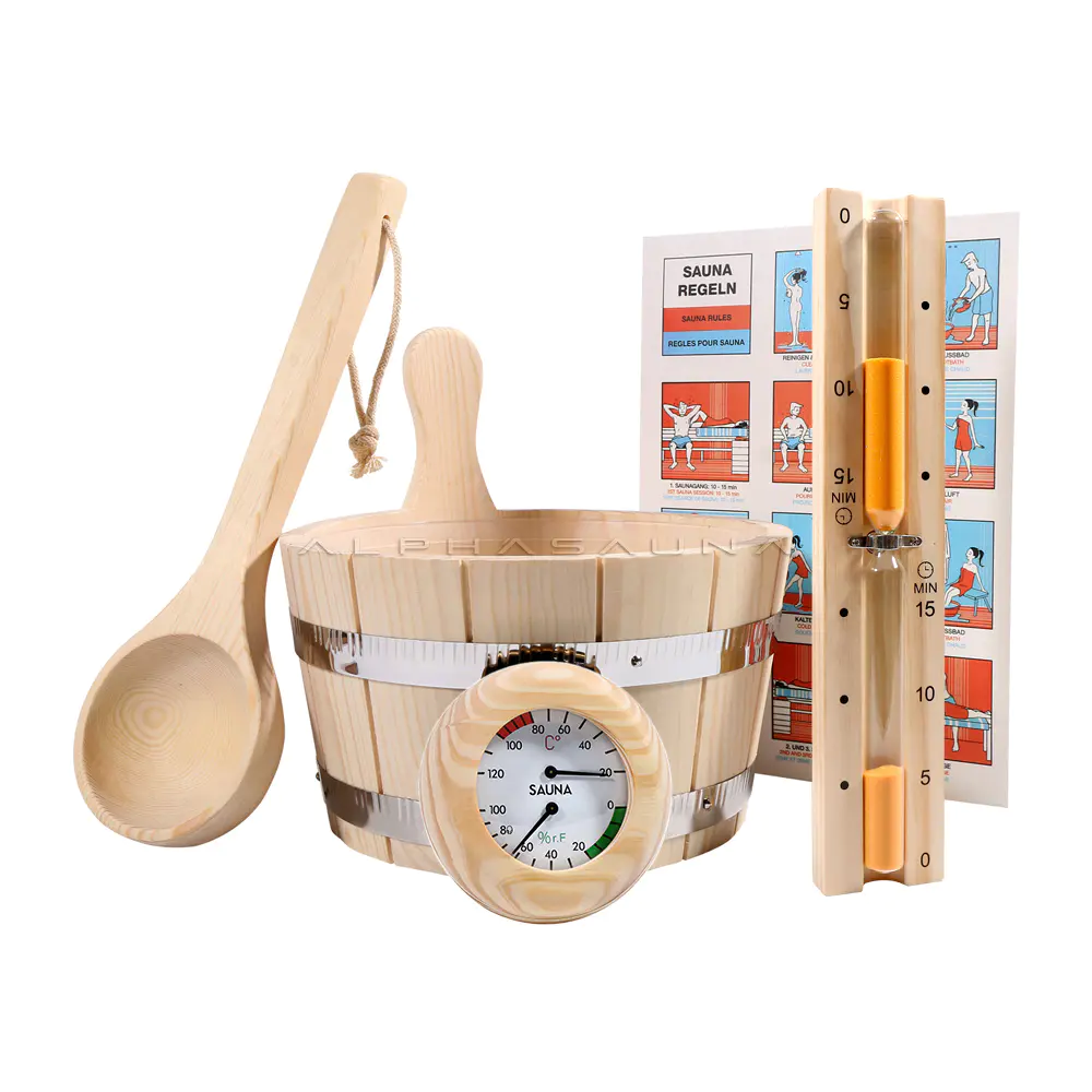 Finnish Sauna Accessories Online Sell 4L Sauna Bucket With PE Plastic And Ladle,Hermometer &Hygrometer , Hourglass Timer