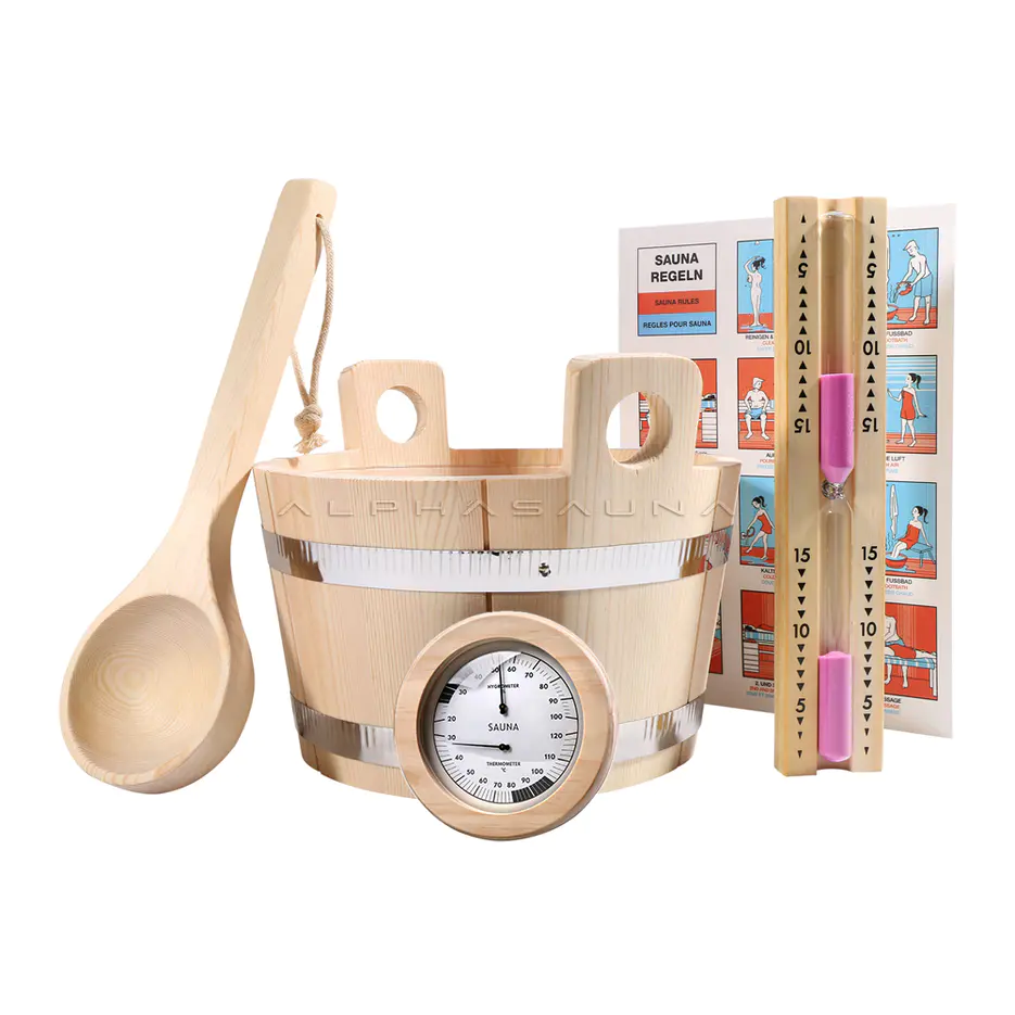 Sauna Accessory Kit 5L Bucket Shower With PE Plastic And Ladle,Hermometer &Hygrometer , Hourglass Timer