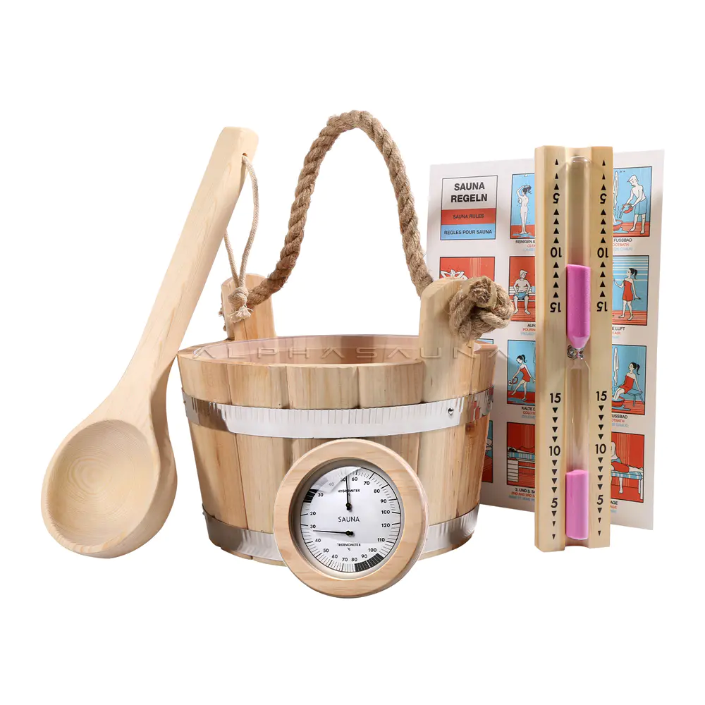 Home Sauna Accessories Wooden Sauna 4L Bucket With PE Plastic And Ladle,Hermometer &Hygrometer , Hourglass Timer