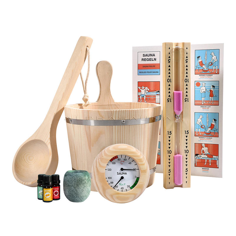 Finlandia Sauna Accessories Wooden Sauna Bucket For Sale 3L Bucket With PE Plastic And Ladle, Hermometer &Hygrometer , Hourglass Timer ,Sauna Egg , Aromatherapy Oil