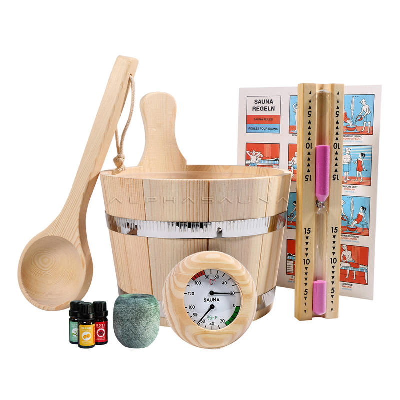 Home Sauna Accessories Wooden Best Sauna 5L Bucket  With PE Plastic And Ladle,Hermometer &Hygrometer , Hourglass Timer ,   Sauna Egg , Aromatherapy Oil