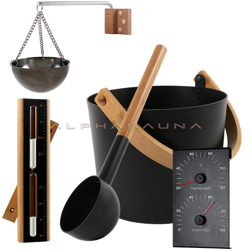 Black Aluminium Sauna Accessory Set, Sauna Aroma Bowl, Sauna Bucket, Sauna Thermometer Hygrometer, Sauna Hourglass Timer, Sauna Spoon