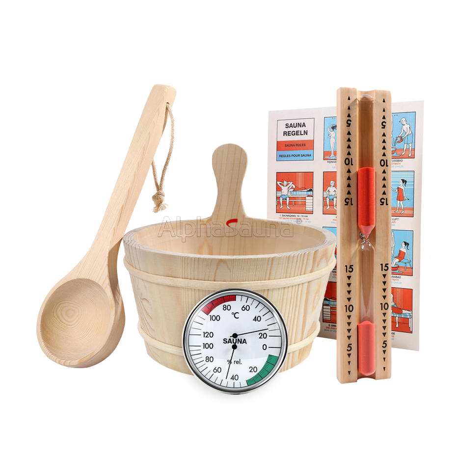 Best Sauna Accessories Wooden Sauna Kit Wooden Hourglass Bucket Round Luxury Thermometer Hygrometer