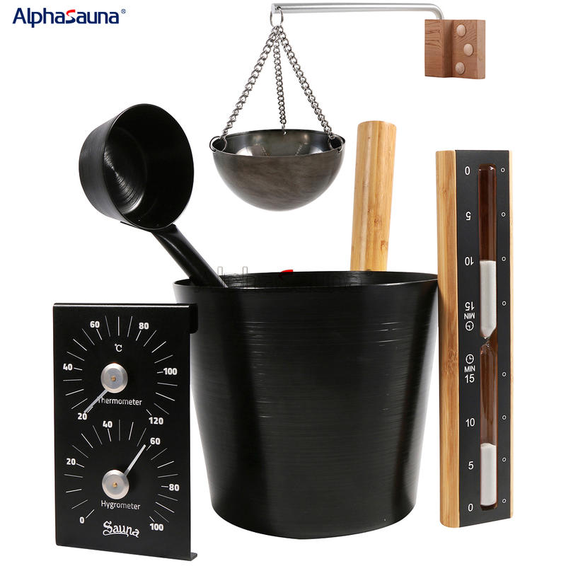 Black Aluminum Sauna Bucket, Aluminum Spoon, Thermohygrometer, Hourglass Timer, Aromatherapy Bowl Set