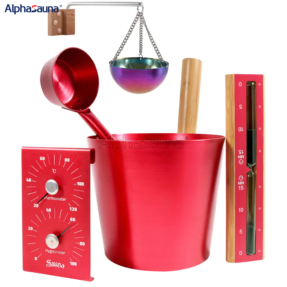 Home Infrared Sauna Accessories Online  Red Aluminum Sauna Bucket, Aluminum Spoon, Thermohygrometer, Hourglass Timer, Aromatherapy Bowl Set