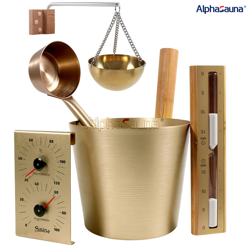Home Infrared Sauna Accessories Golden Aluminum Sauna Bucket, Aluminum Spoon, Thermohygrometer, Hourglass Timer, Aromatherapy Bowl Set