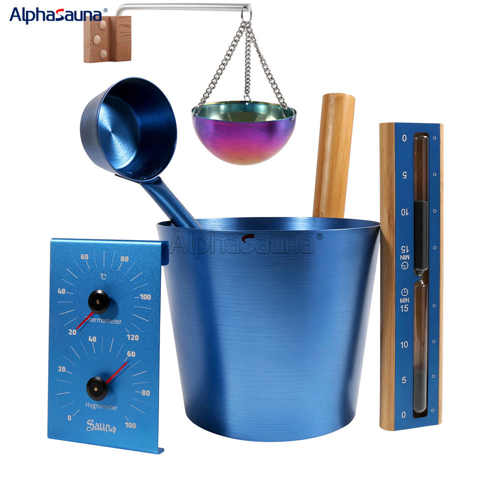 Best Finlandia Sauna Accessories Blue Aluminum Sauna Bucket, Aluminum Spoon, Thermohygrometer, Hourglass Timer, Aromatherapy Bowl Set