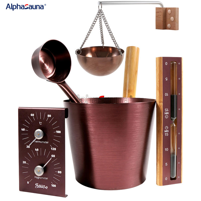 Infrared Sauna Accessories Brown Aluminum Sauna Bucket, Aluminum Spoon, Thermohygrometer, Hourglass Timer, Aromatherapy Bowl Set