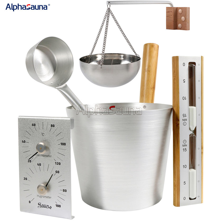 Sauna Accessory Kit Aluminum Sauna Bucket, Aluminum Spoon, Thermohygrometer, Hourglass Timer, Aromatherapy Bowl Set