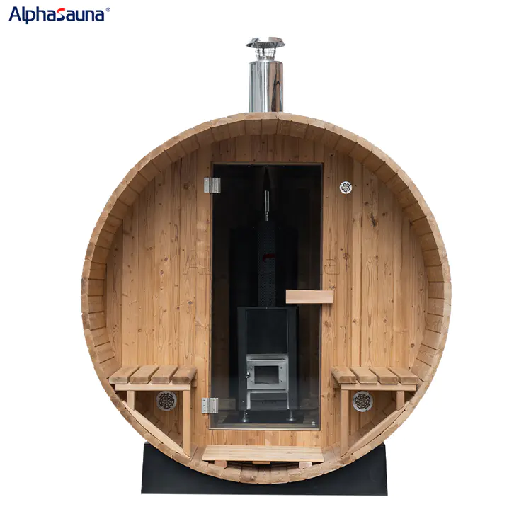 Heat Treated Pine Outdoor Drum Sauna with Wood Burning Stove - Alphasauna