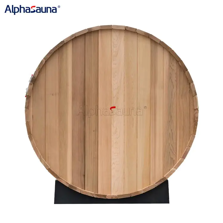 New cedar wood outdoor barrel sauna with outdoor pavilion